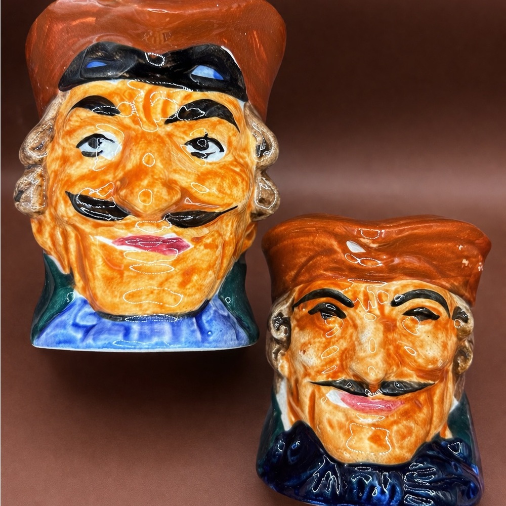 VTG Occupied Japan Toby Jug Pair Character Creamer Mug Hand Painted 1940s Set